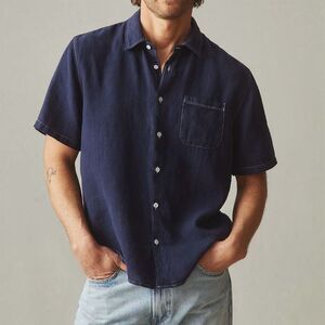 NWOT American Giant Men's M Navy Blue Linen Short Sleeve Button-Up Shirt